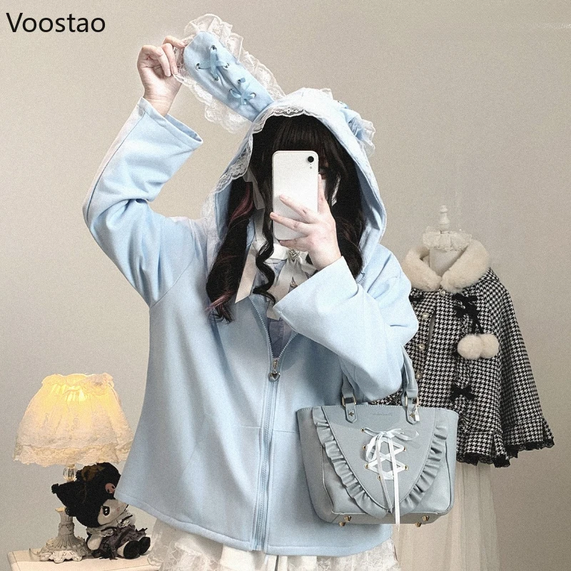 

Японское готическое пальто с кроличьими ушками Y2k, пальто с капюшоном в стиле Лолиты, женские милые кружевные лоскутные куртки, большие топы на молнии в стиле Харадзюку для девочек