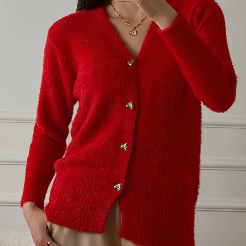 Elegante Mode Faux Nerz Pelz Strickjacken für Frau Y2K Französisch Herz Taste Pullover Oberbekleidung Frauen Herbst Neue V-ausschnitt Strickwaren