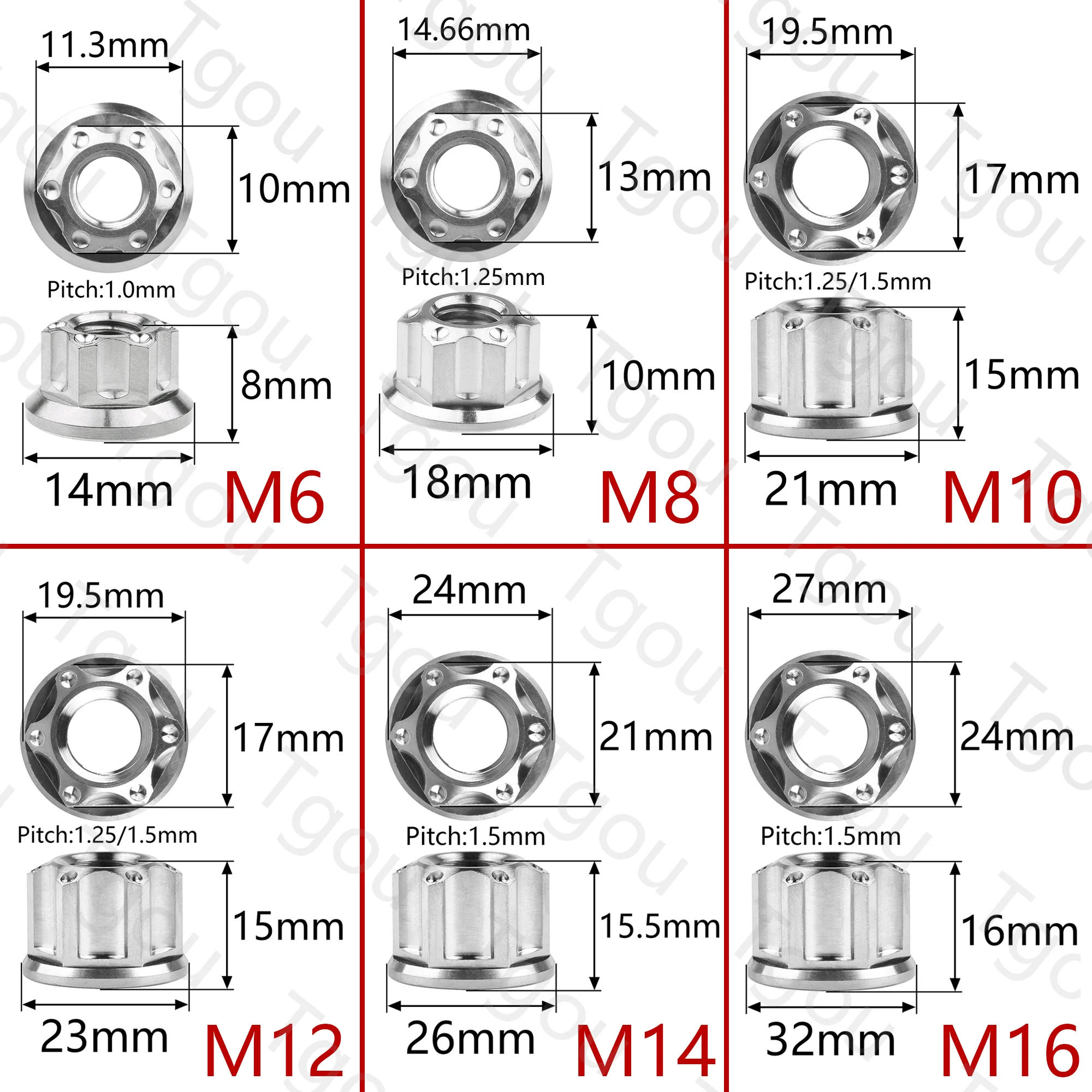 Tgou Titanium Nut M6 M8 M10 M12 M14 M16 Flange Nuts for Motorcycle Bicycle Car 8pcs