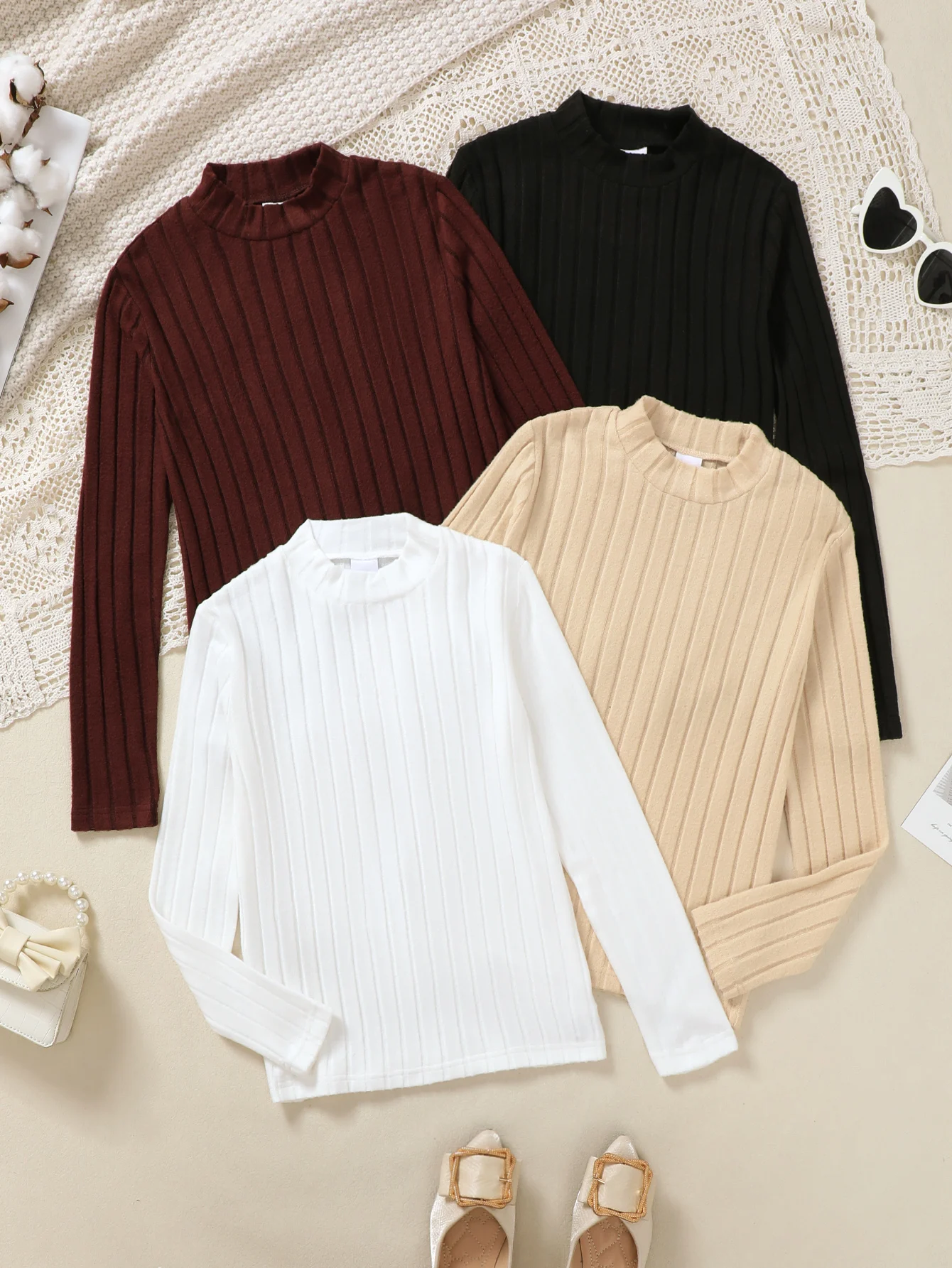 4-Piece Set Girls Long Sleeve T-Shirts High Collar Slim Fit Base Layer Tops Suitable for Autumn Winter Casual Outdoor Wear
