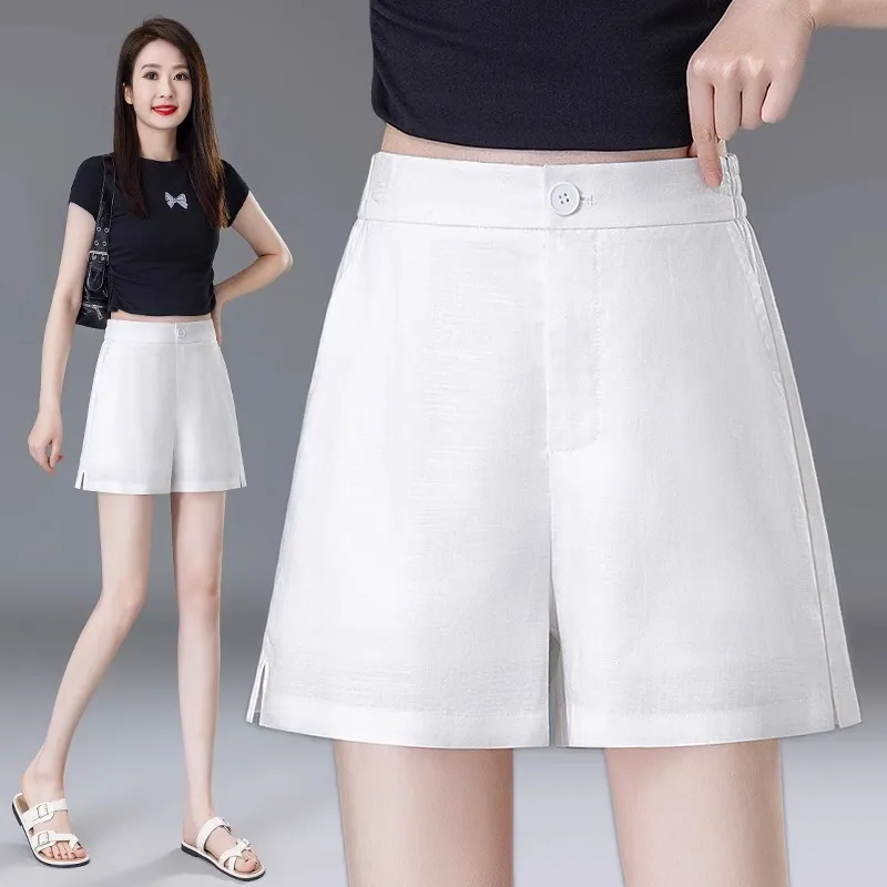 

White Linen Shorts for Women Summer Loose Fit Versatile Slimming Split A-Line Casual Pants