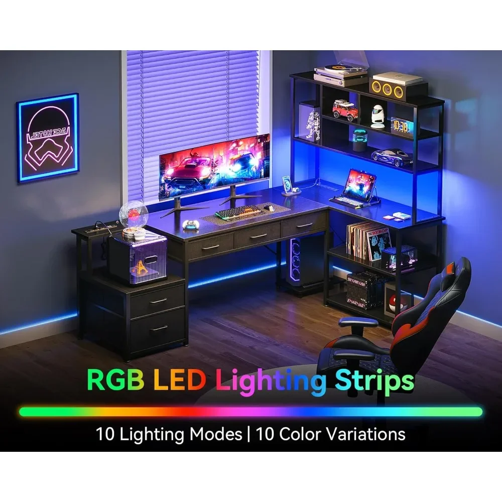 L Shaped Desk with File Drawers, Reversible L Shaped Gaming Desk with Power Outlets & LED Lights, Computer Desk with Storage