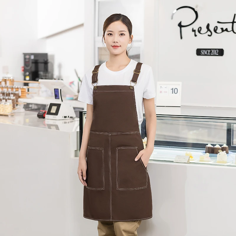 Customized Logo Pattern Polyester Cotton Canvas Apron Size 80cm*65cm Kitchen Aprons Mandiles Grill Apron  Bib with Pocket