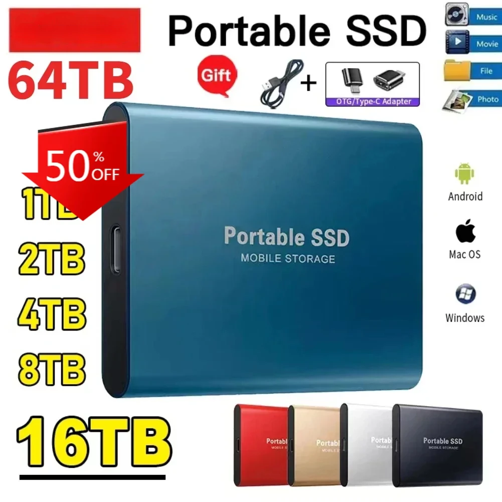 8TB tragbare SSD 16TB Hochgeschwindigkeits-Solid-State-Laufwerk 500GB externe Festplatten Typ-C USB 3.0-Schnittstelle für Laptops