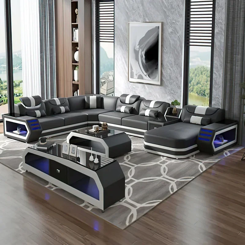 -ForModern Living Room Sofa Set Genuine Leather Sofas with USB Music Speaker&
