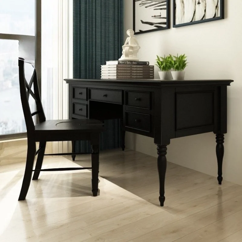 

Simple modern desk and chair combination all solid wood furniture study dark black computer desk