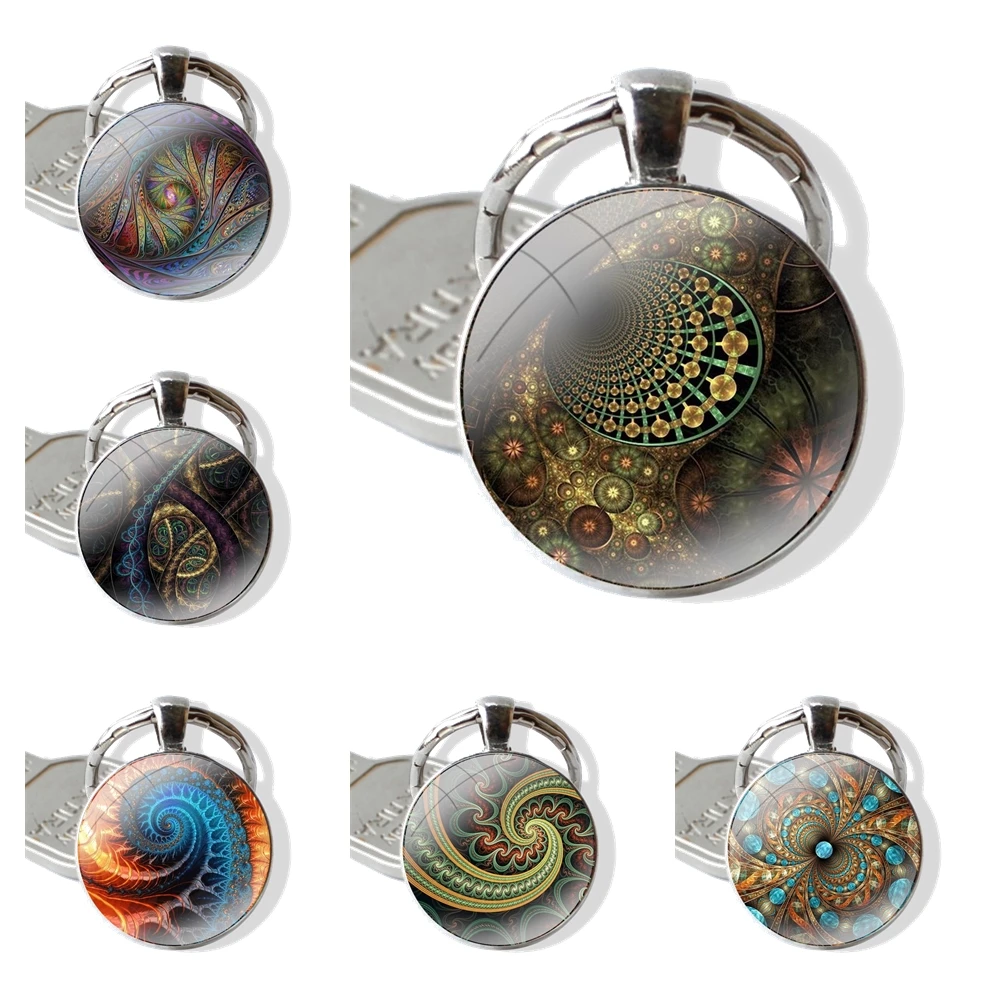 Keychain Glass Cabochon Metal Pendant Classic Men's Women's Keyring Fractal Art Spiral Mathematics Fibonacci