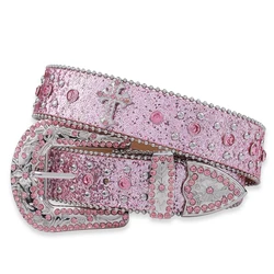 Pink cross-rivet Rhinestone belt sparkles, punk rock inlaid leather belt for men's jeans