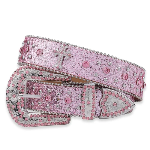 Imagen 1 del producto Cinturón rosa con remaches cruzados y diamantes de imitación brillantes, cinturón de cuero con incrustaciones de punk rock para jeans de hombre