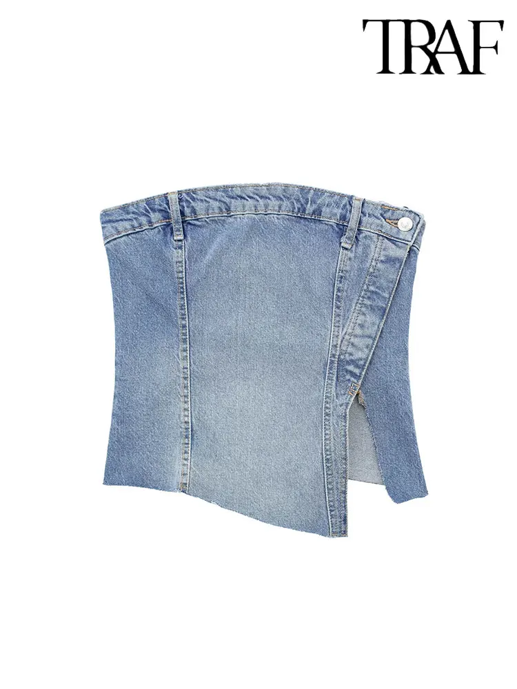 TRAF 2023 Summer Women Sexy Strapless Corset Style Denim Short Female Slim Shirt Vest Crop Tops