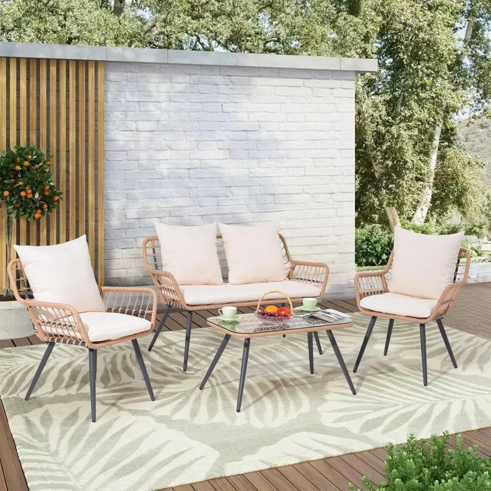 

4 Pieces Patio Furniture Set, Outdoor Wicker Patio Conversation Set for Porch Deck, Boho Loveseat & 2 Armchairs with Cushion an
