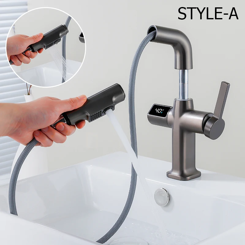 

Basin Faucet Lifting And Pull Out Washbasin Faucet Digital Display 2 Spray Modes Bathroom Brass Bathroom Sink Faucet Set