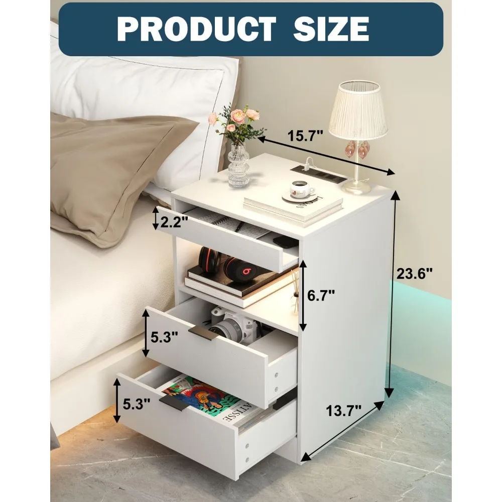 with Charging Station,End Table with 2 Drawers and LED Lights, Sofa Couch Side Table with Pull-Out Shelf for Bedroom Living Room