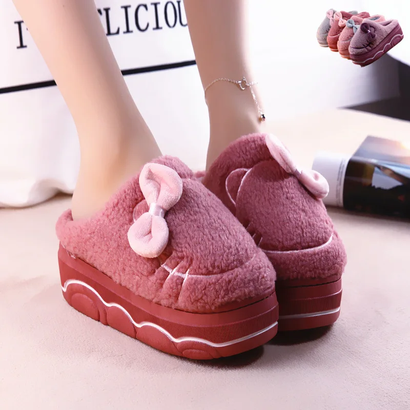 Bowknot Cat Slippers Women\'s Winter High Heel Mules Girls Fuzzy Home Shoes Fur Clogs Woman Purple Furry Slides Platform Gift