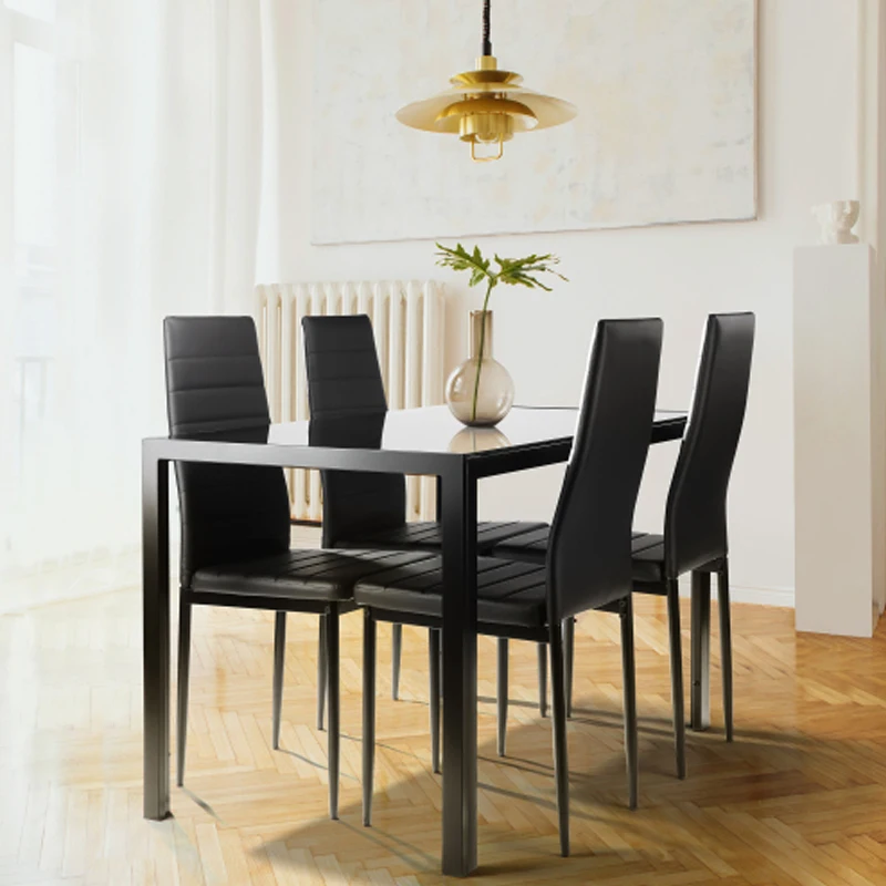 Juego de mesa de comedor de 5 piezas para 4, mesa de comedor de vidrio templado para cocina, 4 sillas de piel sintética, negro