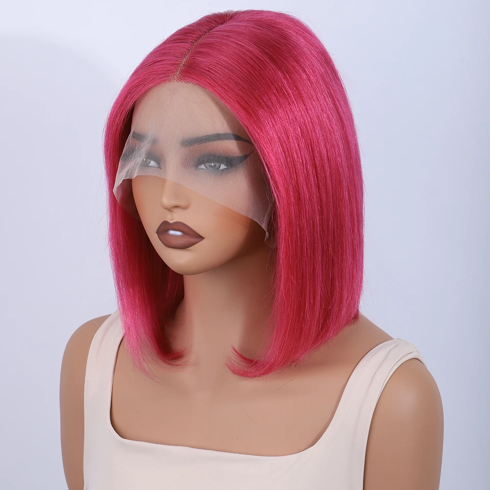 

Straight Short Bob Wig 13*5*2 T Part Lace Front Human Hair Wigs Peruvian 180% Density Pink Color Lace Front Human Hair Wigs