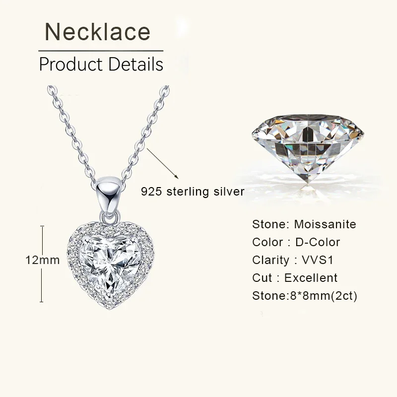 RAPRGOLD  2ct D Color Moissanite Love Heart Pendant Necklaces 925 Sterling Silver Necklace Chains for Women Wedding Jewelry Gift