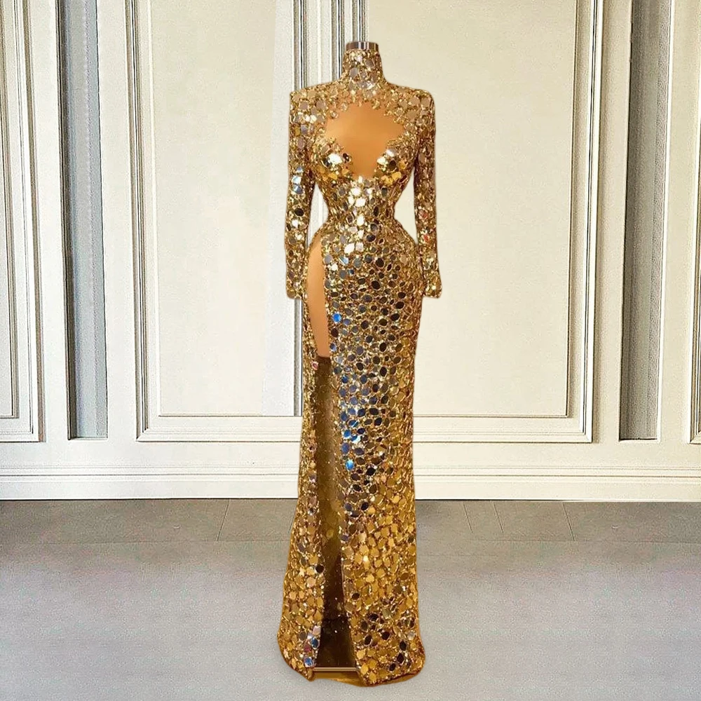 Gold Mirror Sequin Evening Dresses Luxury 2024 Mermaid Beads High Slit Sexy African Women Formal Prom Party Gown Customized