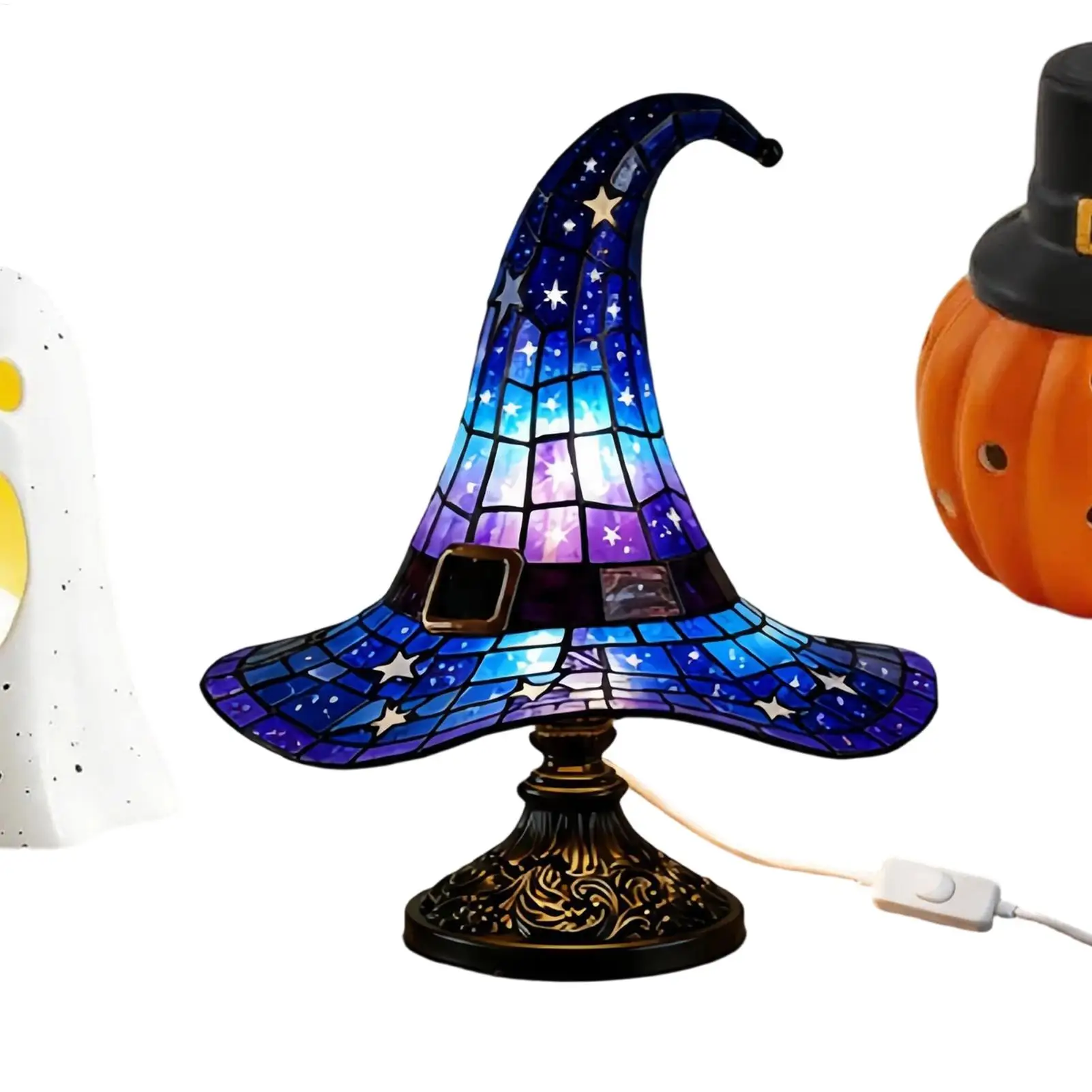 Stained Glass Witch Hat Lamp USB Powered Creative Table Lamp Night Light for Living Room Home Bedroom Decoration Halloween
