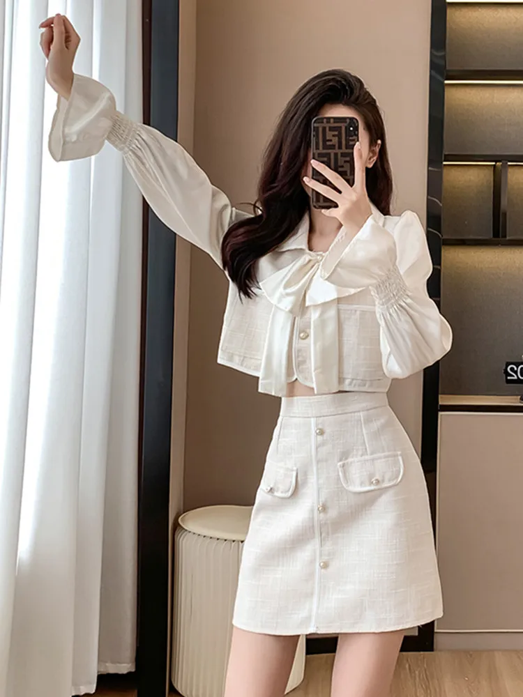 Fall New Two Piece Set Women Outfits Tweed Patchwork Flare sleeve Satin Shirt and Woolen A-line Skirt Suits ensembles de jupes