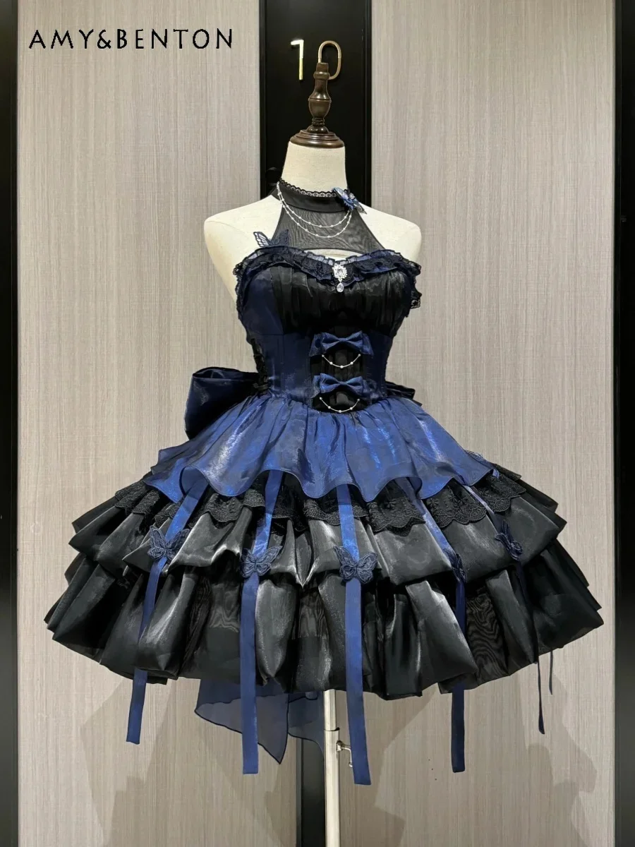 

Sexy Black and Blue Halter Lolita Tutu Dress Temperament Sweet Bow Tube Top Sleeveless Slim Mini Dress Birthday Dress for Women