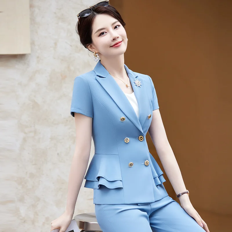 High-End Business Suit Women's Summer Short-Sleeved Workwear Graceful and Fashionable Suit Dress Jewelry Store Beautician Work C