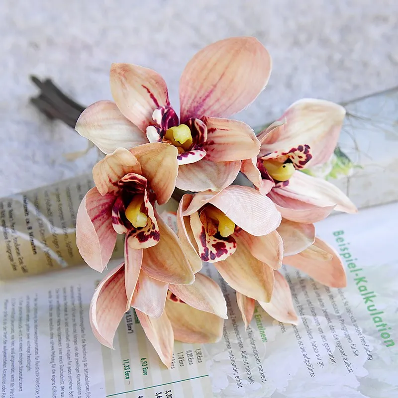 

Artificial Flowers Autumn Color 6 Heads Cymbidium Bunch Home Decor Flower Arrangement Wedding Bridal Bouquet Photography Props