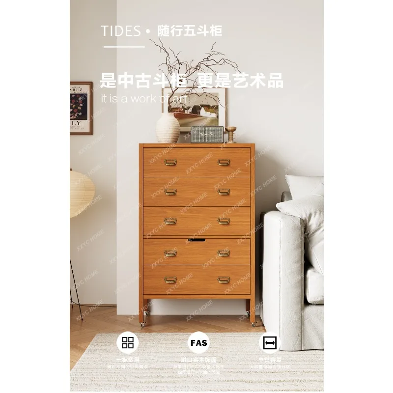 

Medieval solid wood teak veneer chest of drawers retro modern bedroom storage side cabinet