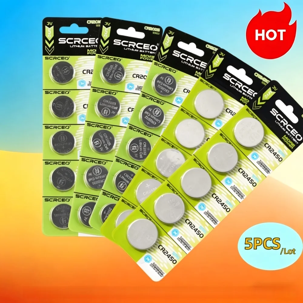 5PCS CR2016 CR2025 CR2032 CR2430 CR2450 3V Lithium Coin Cell Battery for Remote Controllers Garage Door Openers Toys