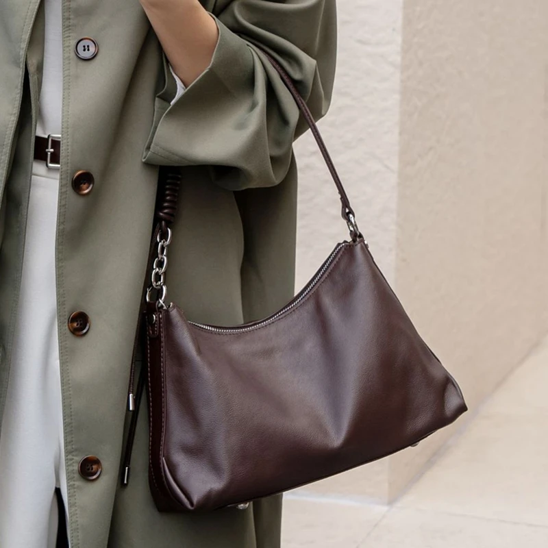 

Burminsa Cowhide Genuine Leather Underarm Shoulder Bags For Women 2025 Luxury Designer Crossbody Hobos Crescent Ladies Handbags