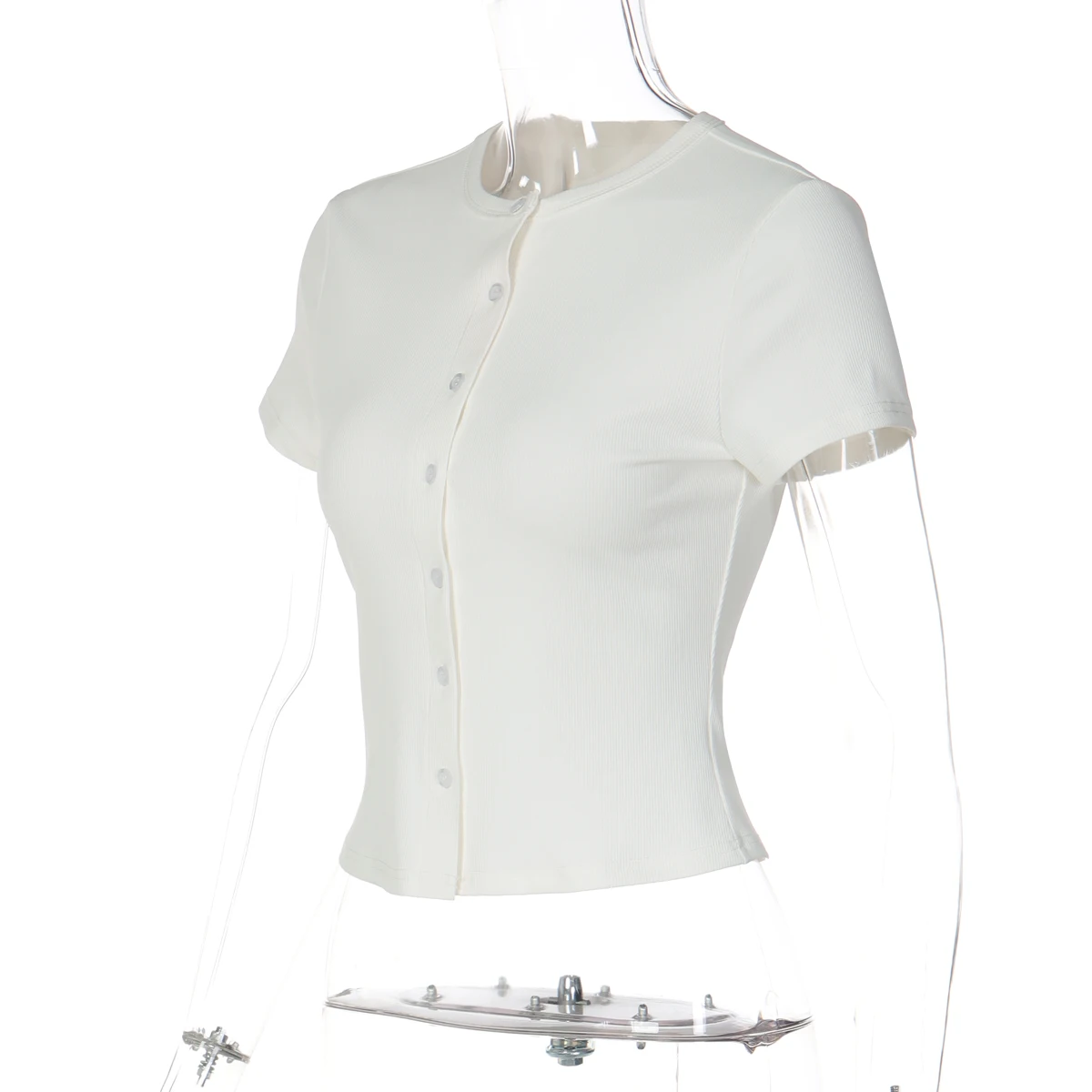 Hugcitar Fashion Solid O Neck Short Sleeve Buttons Sexy Slim Crop T-Shirt Top Summer Casual Women Clothes Streetwear Party