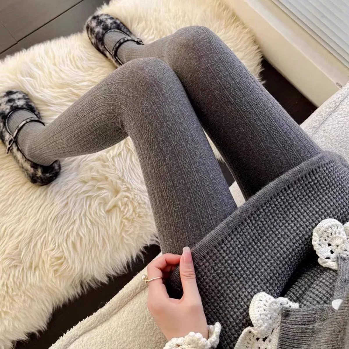 Winter-Strick-Strumpfhose für Damen, sexy, einfarbig, Baumwolle, gestreift, Skinny-Leggings, Strumpfhose, neue Streetwear – Detail 1