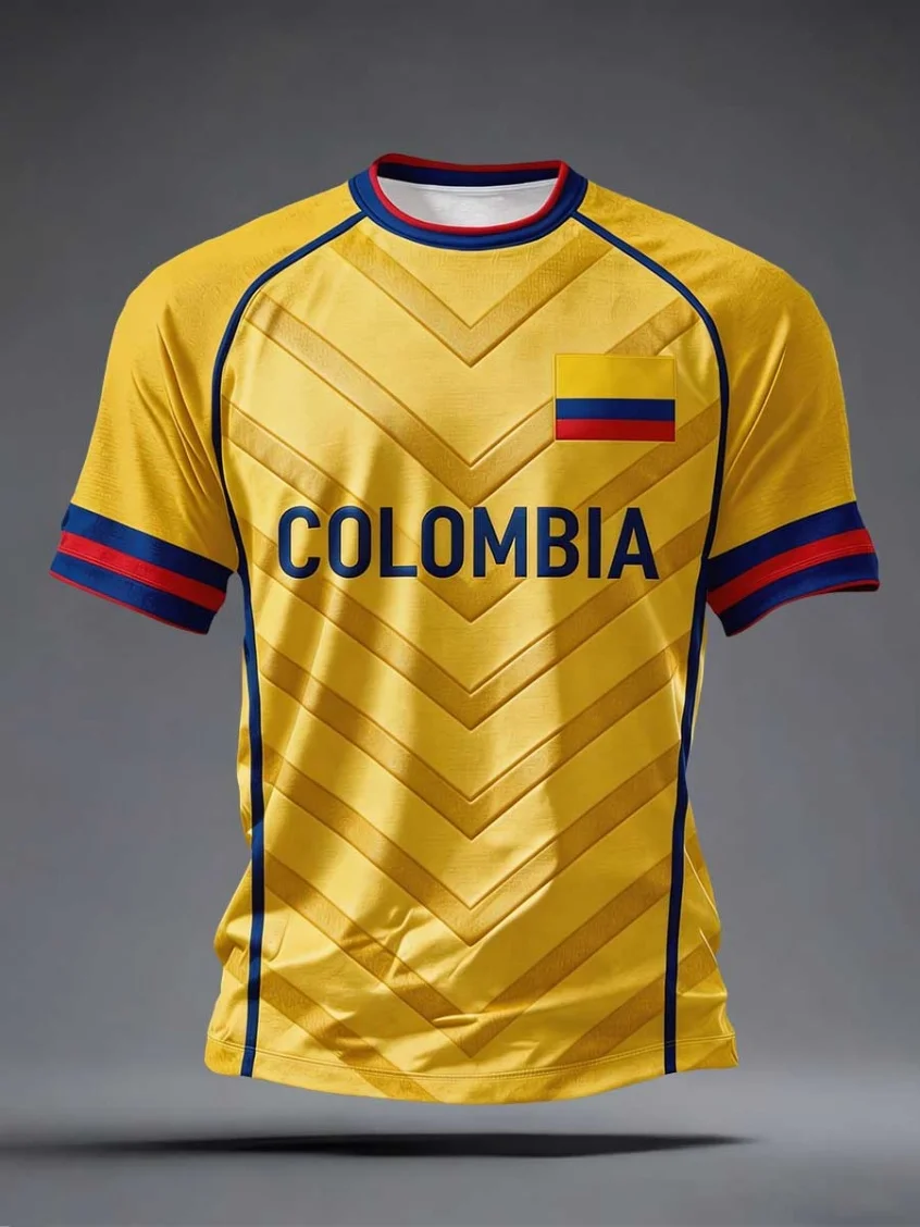 Colombia Style Yellow Chevron Pattern Art Graphic Polyester O‑Neck Short Sleeve Breathable Unisex Summer Top