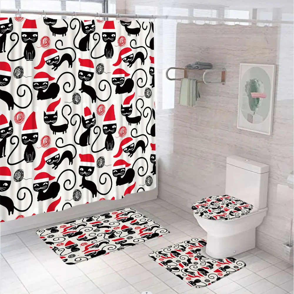 

Funny Black Cat Wearing Santa Hat Shower Curtain Sets Non-Slip Rug Bath Mats Toilet Lid Cover Cute Pet Animal Bathroom Curtains