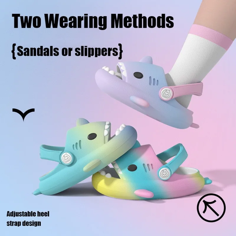 Shevalues-Zapatillas de tiburón coloridas para niños, sandalias antideslizantes para el hogar, toboganes de playa al aire libre, zapatillas de moda