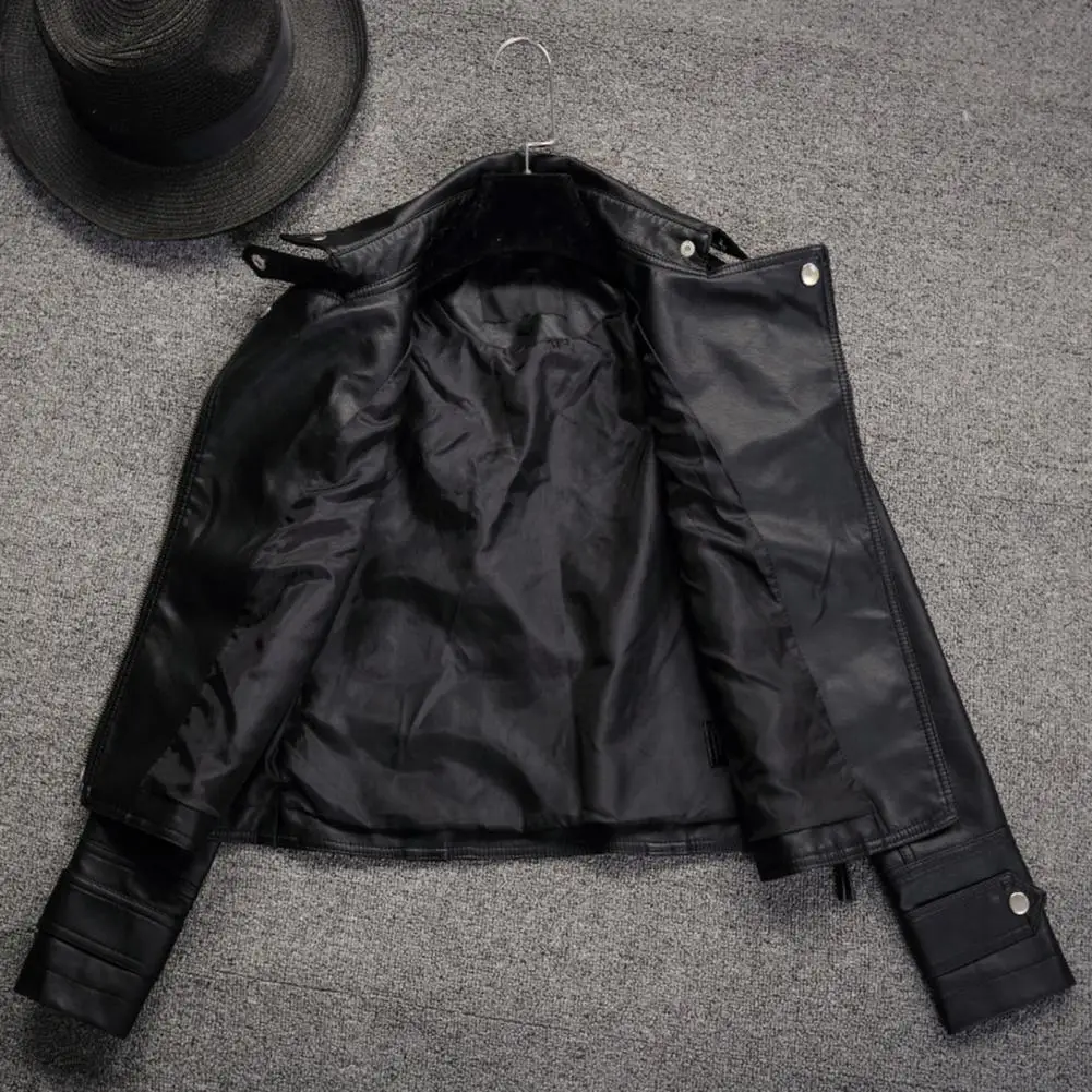 Women Cropped Trench Lapel Collar Leather Jackets Coat with Belt Female Single Button Short Jacket Motorcycle Jacket Outwear