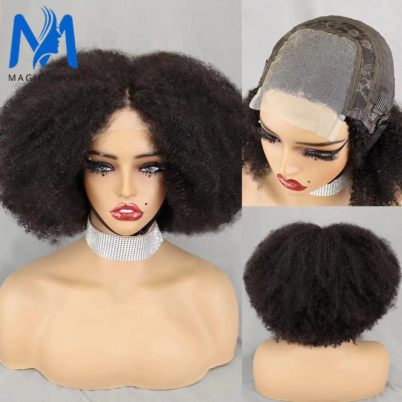 

4x4 Lace Closure Natural Afro Kinky Curly Short Bob Human Hair Wigs for Black Women 300% Density Brazilian Remy Human Hair Wig