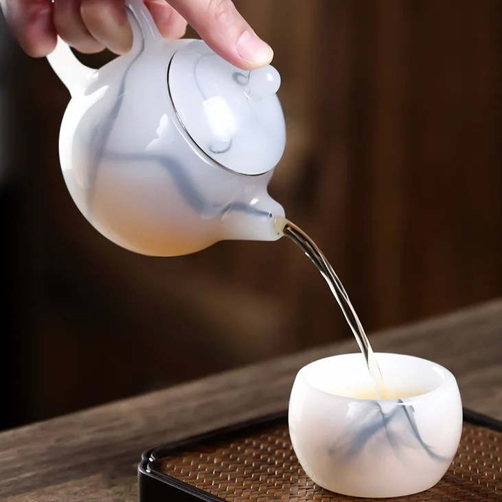 Small White Ink Jade Porcelain Dragon Egg Teapot Single Brewing Teapot Stainless Steel Tea Filter Tea Pot for Pu'er Tea