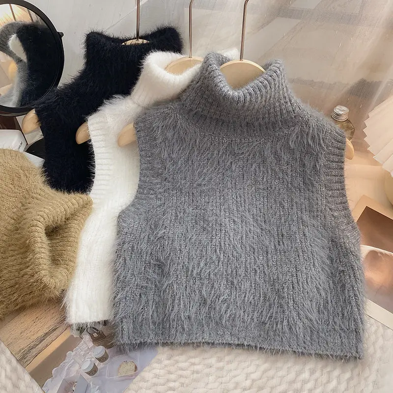 Wholesale Turtleneck Sweater Vest Base Slim Pullovers Women Faux Mink Cashmere Autumn Winter Sleeveless Short Solid Knitted Top