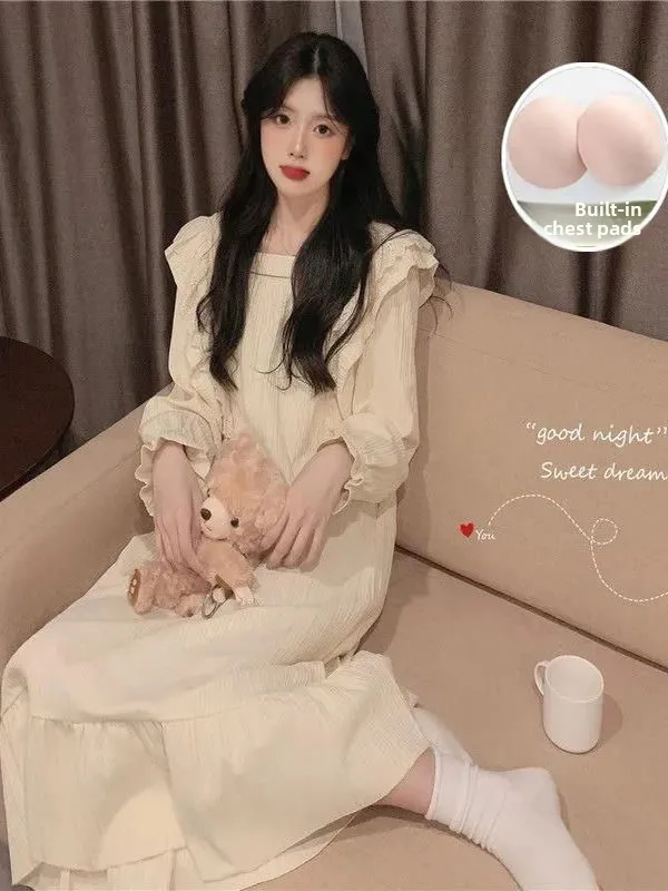 

Spring Autumn Sweet Cute Girl's Sleepwear with Chest Pad Home Clothes Long Sleeve Sleep Dress Outwear Comfortable Milk Silk