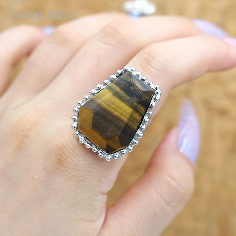 10Pcs Wholesale Silver Color Stone Tiger Eye Coffin Shape Crystal Pillar Hexagon Ring RM51131