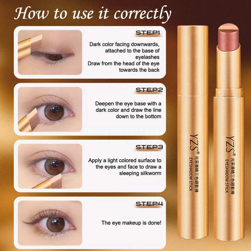 (HG) Trójkolorowy Gradientowy Cień do Powiek w Sztyfcie Brokatowy Rozświetlacz Wodoodporny Długotrwały Delikatny Błyszczący Cień do Makijażu Oczu