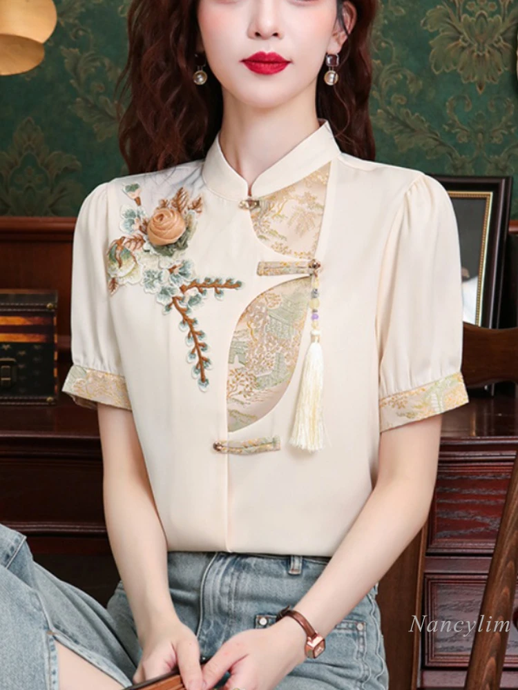 

New Short-Sleeved Chiffon Shirt for Women 2024 Summer New Elegant Top Design Sense Niche Blouse Ladies Apricot Blusas