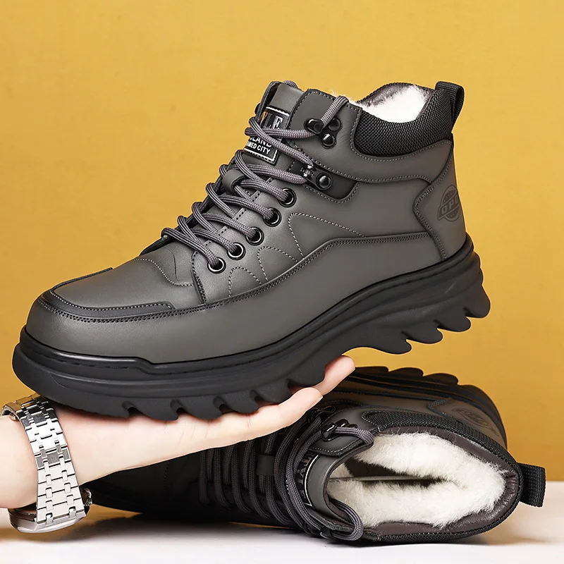 

Winter New Cotton Shoes Plus Fleece Thick Casual Sports Shoes Men's High Top Genuine Leather Shoes Fashion Snow Boots
