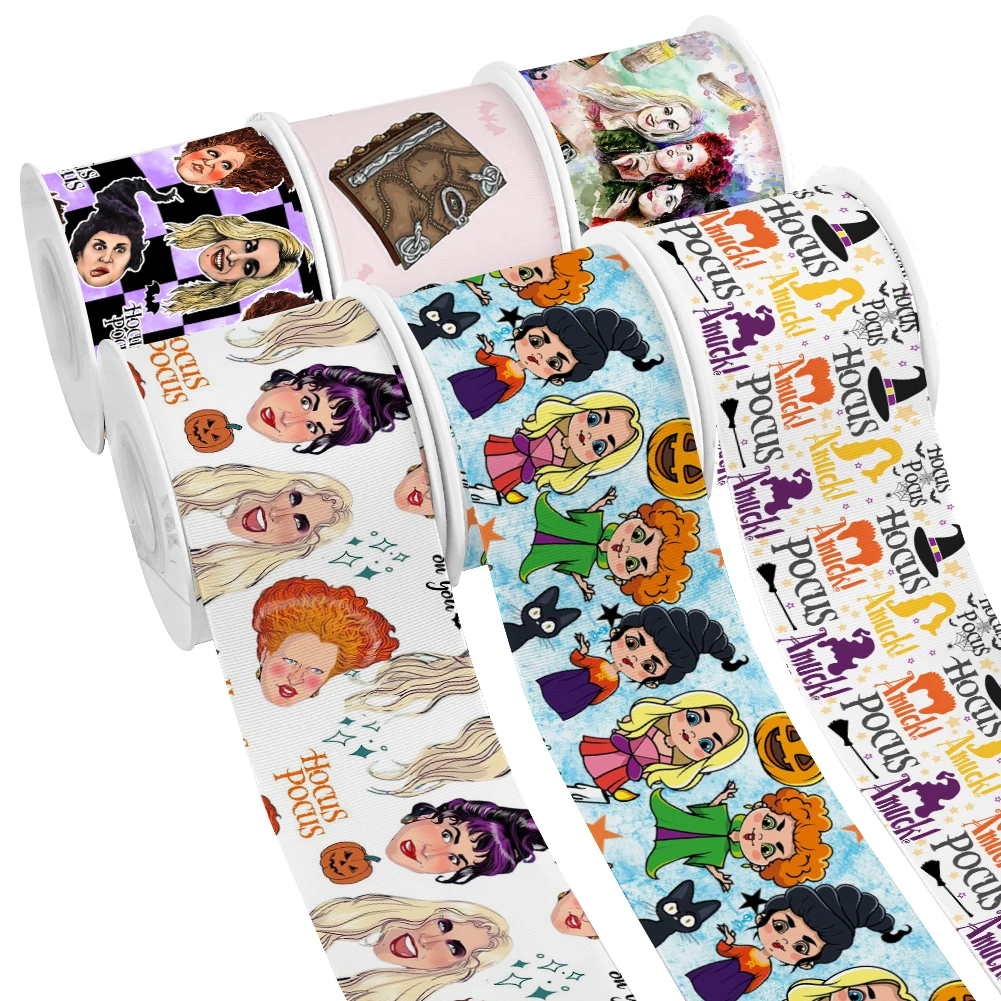 Disney Character Cartoon Halloween Hocus Pocus  Design Printed Grosgrain Satin Ribbon for Gift Wrapping Hair Bow 50 Yards