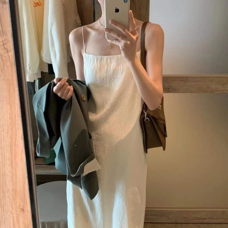 Women Elegant Sleeveless Long Spaghetti Strap Dress 2022 New Female High Quality Solid Color Pleated Dresses