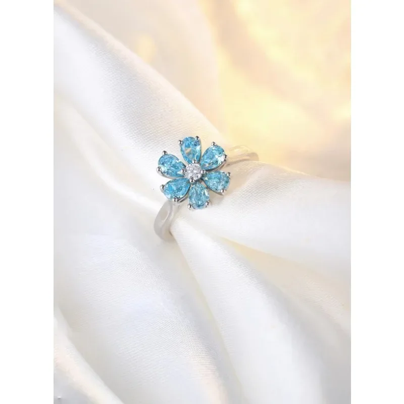 

RUIF New Custom 925 Silver Flower Ring Lab Grown Paraiba Sapphire Gems Simulated Diamond Zirconia Women Daily Simple Jewelry