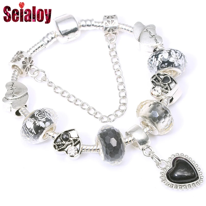 Seialoy Cute Panda Charm Bracelet For Women Plated Black White Murano Glass Beads Silver Color Brand Bracelet Girls Jewelry Gift