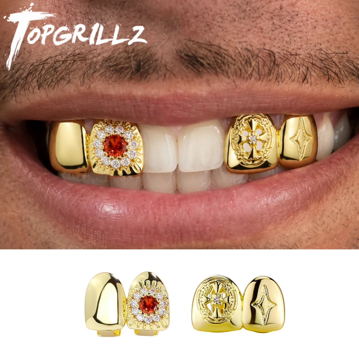 Image of TOPGRILLZ Hardcore Streetwear Schmuck, vergoldetes Kupfer, 2-teiliges Grillz-Set, Sonnenblume, für Männer und Frauen