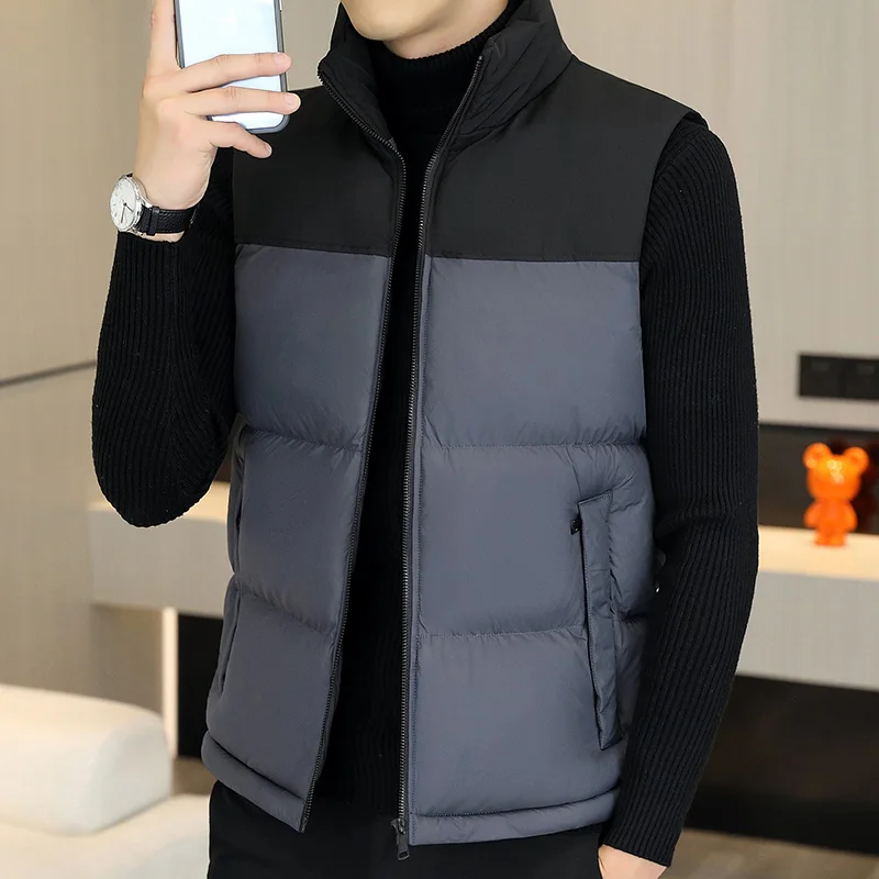 

Ошатный стиль, осень-зима, высокий воротник, контрастный цвет, карманы на молнии, кардиган без рукавов, мужская одежда, пальто, жилеты, модные топы